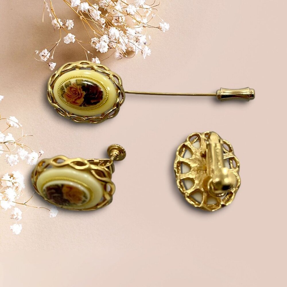 Vintage Napier Gold-Tone Rose Floral Screw Back Earrings & Stick Pin Set - Picture 6 of 7